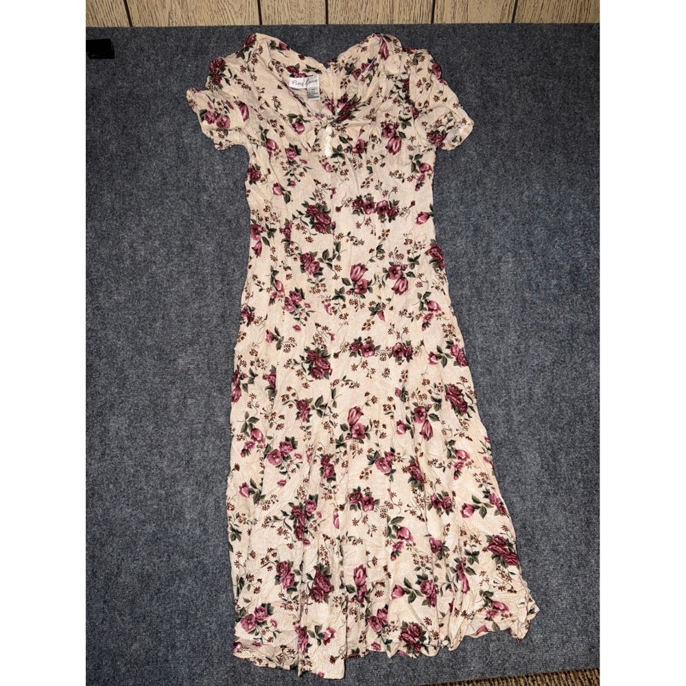 Betsy Lauren Vintage 90s Floral Midi Dress Cream Pink Rayon Cottagecore 3/4